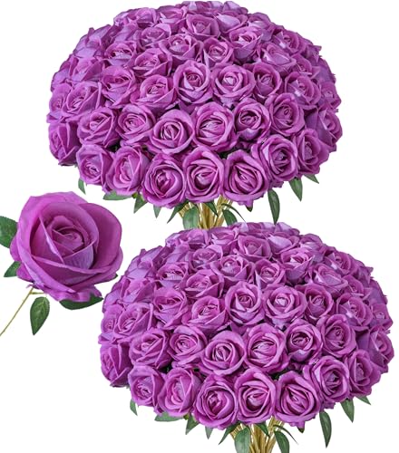 Image of 50 PCS Roses Artificial Flowers, Fake Roses with Stem Realistic Fuchsia Silk Roses for DIY Wedding Bouquets Table Centerpieces Arrangements Baby Shower Birthday Home Decor Valentine's Day Gift for Her