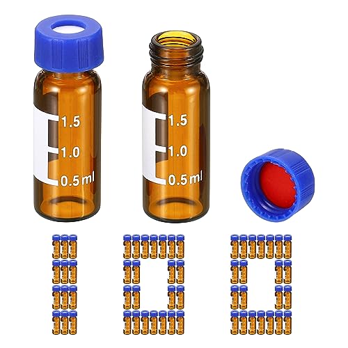 PATIKIL 2ml Autosampler Vial, 100 Pack HPLC/GC Vials 9-425 Lab Amber Vials Sample Vial Screw Cap Writing Patch Red PTFE & White Silicone Septa for LC Stamper
