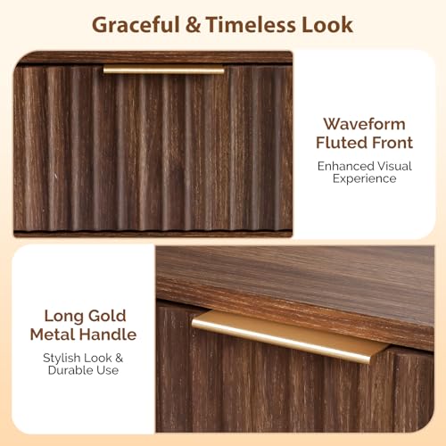 Image of VINGLI Fluted Nightstand with Drawer, 19 inch W Mid Century Modern Nightstand for Bedroom, Bedside Table, End Tables Bedroom, Wood Night Stand, Walnut, 18.9 inch W*14.96 inch D*24 inch H