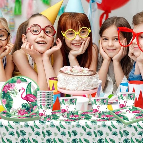 SZJFYMQ Flamingo Partygeschirr Set, Hawaii Geburtstag Deko,Pappteller Kindergeburtstag mit Flamingo, Sommer Gartenfeste Party Tischdeko, für Karneval Geburtstag Party Decoration,61PCS