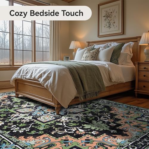 5x7 Area Rugs, Vintage Washable Area Rug for Living Room, Floral Boho Area Rugs for Bedroom, Office, Non-Slip Colorful Rug, Traditional Vintage Style, Plush Low-Pile Soft Carpet, Dark Green