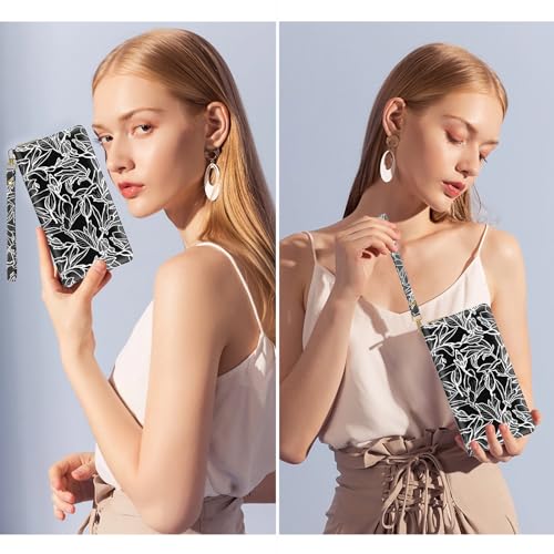 Image of Nipichsha Womens Wallet, RFID Wristlet Wallet for Women, Cute Ladies Purse, Large Credit Card Clutch Purse, Leather Card Holder Wallets with Zipper & Phone Holder, Black White Leaf