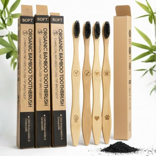 Image of TRESSENCE Organic Bamboo Toothbrush, Soft Bristles, Pack of 4