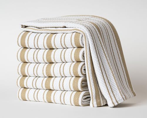 Kitchen Towels Set – Pack of 6 (20’’ x 30’’) Extra Large Premium Cotton Dish Towels for Kitchen – Basket Weave Towels – Absorbent – 100% Cotton – with Hanging Loop – Beige