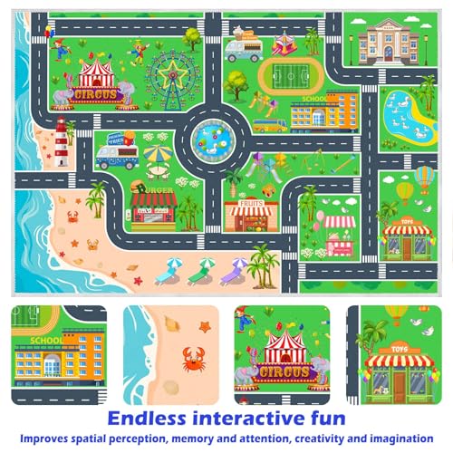 Kids Carpet Playmat Car Rug, Car Rug for Kids Toy Cars and Train, Non Slip Play Mat for Playroom Kids Room, City Life Educational Road Traffic Carpet for Classroom Nursery(Green,31×47in)