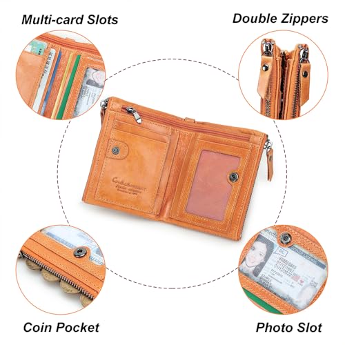 Image of CONTACTS Soft Leather Wallet for Women Small Bifold Coin Purse Double Zipper Card Holder with RFID Blocking (Light Orange)