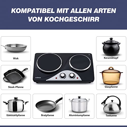 Doppelkochplatte, CUSIMAX 2100W kochfeld 2 platten mit Infrarot-Wärme, mobile herdplatte 2 kochfelder für camping, Edelstahl kochplatten 2er elektrisch mit einstellbarer Temperatur, Schwarz – Bild 4