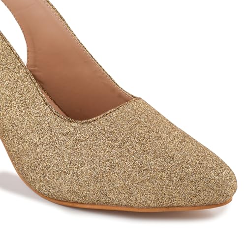 Image of Classic Closed Pointed Toe Mid Block Thick Heel Slingback Pumps for Women Signora104| Glitter Fabric Dress Shoes | Wedding Party | Evening Trendy Signora104