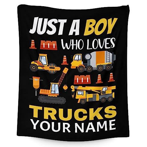 Personalized Construction Truck Blanket Gifts with Name - 60x80 Inches Funny Throw Blanket for Boys - Black Soft Fuzzy Excavator Blankets for Bed, Couch & Living Room