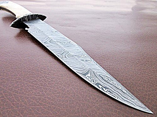 RG-12 Handmade Damascus Steel 15 Inches Bowie Knife - White Bone Handle with Damascus Steel gaurd/Pommel