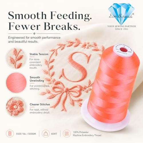 Image of Simthread 5500Yds /5000M 40WT Polyester Embroidery Thread Neon Red S126 | High-yardage 5000M spool offers smooth feeding and stable 40WT polyester thread for home and commercial embroidery machines.