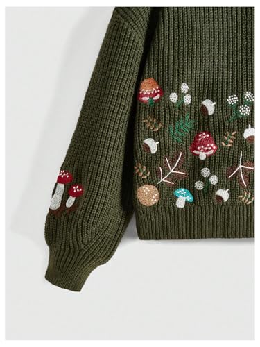 SHENHE Women's Oversized Embroidered Mushroom Sweater Crewneck Chunky Knit Sweater Pullover3