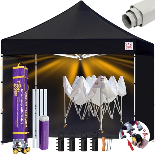 Image of Tradesparker 10x10 Pop Up Tent with Sidewalls,Commercial Movable Canopy ApexCore LED & Rugged Casters-Instant Easy Setup Shelter Canopies,Weight Bags&Stakes for Outdoor Events(Black)