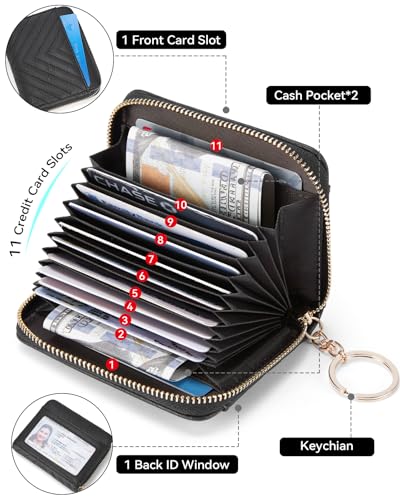 Image of BOSTANTEN Credit Card Holder Wallet RFID Blocking Leather Small Wallet for Women Zipper Keychain Wallet with Wristlet Black