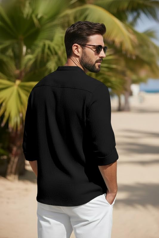 Image of Men's Cotton Blend Short Kurta with Collared Neck Full Sleeves Solid Pattern Western Style Regular Fit and Standard Length