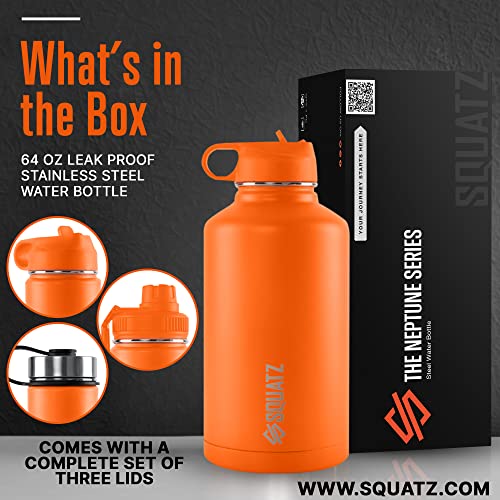 Squatz 64 Oz Neptune Series Steel Water Bottle, Stainless Double Wall Vacuum Insulated Flask With Handle Strap, Durable And Elegant Leak Proof Wide Mouth Thermos For Gym, Travel, Hiking, And Camping #TOP1