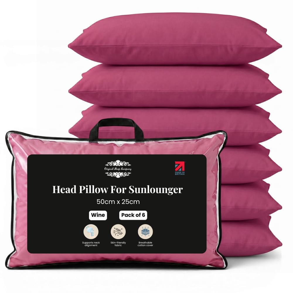 Original Sleep Company Sun Lounger Pillow – Adjustable Garden Chair Headrest for Sunbed, Recliner & Deck Chair, Outdoor Cushion, 50cm x 25cm Cream, Pack of 1 (Wine, Pack of 6)