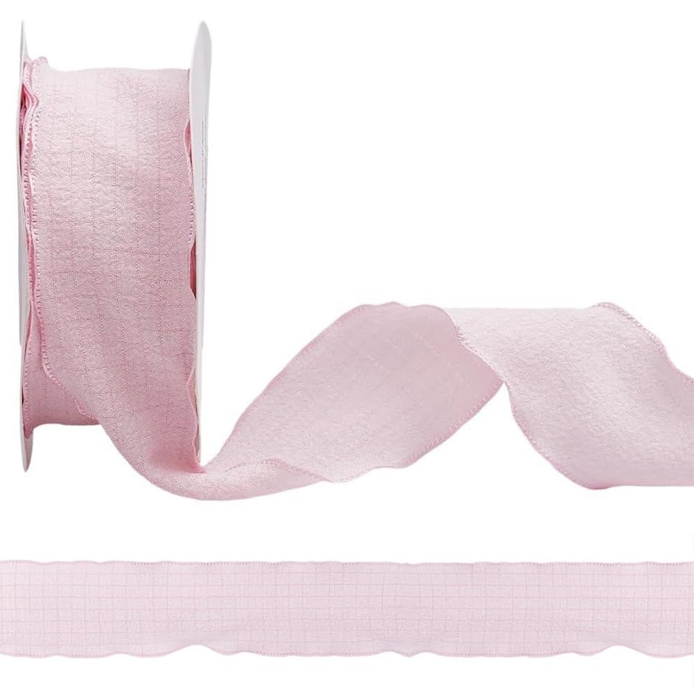 CABODYALS 9.14M 25mm Pink Pleated Ribbon Wavy Edge Wrinkle Fabric Trim Vintage Ruffled Decorative Chiffon Lace Ribbons for Sewing Making Gift Wrapping Home Wedding Invitation Bouquet Decor Diy Craft
