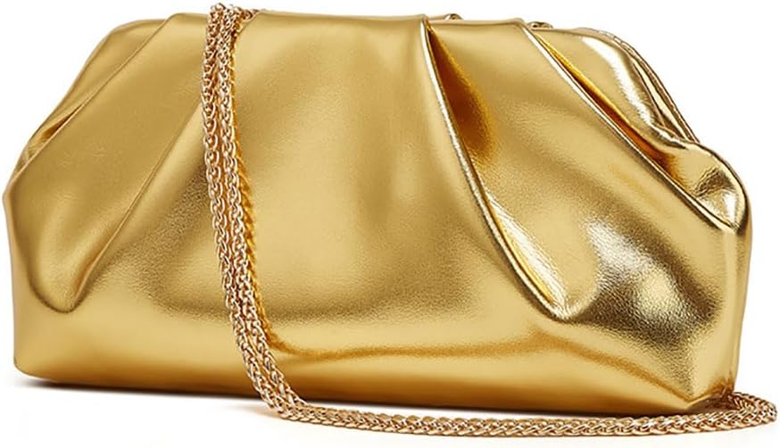 Women's Ruched Clutch Purse, Metallic Gold Vegan Leather Evening Bag, Formal Pleated Handbag for Wedding Party Prom
