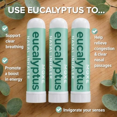 Image of MOXĒ Eucalyptus Essential Oil Nasal Inhaler, Sinus & Congestion Relief, Daily Relaxation, Stress Relief, Therapeutic No-Mess Aromatherapy, Pure and Natural, Made in USA (3 Pack) packaging may vary