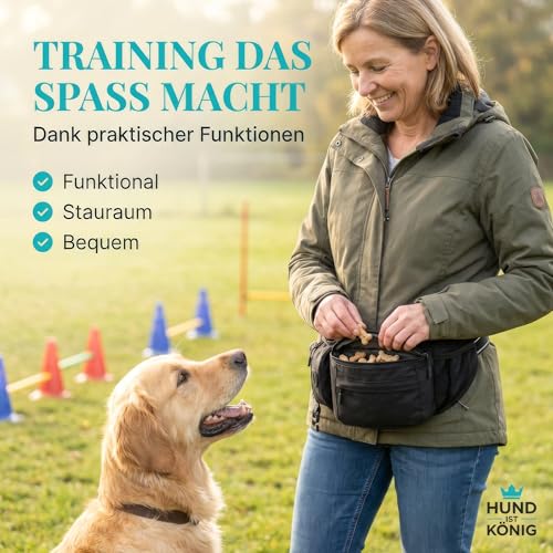 HUND IST KÖNIG Leckerlitasche für Hunde Leckerlis & Hundezubehör - Robuste Bauchtasche Hund - Futterbeutel Hunde mit Kotbeutelspender, Handyfach & Gurt für Flexileine