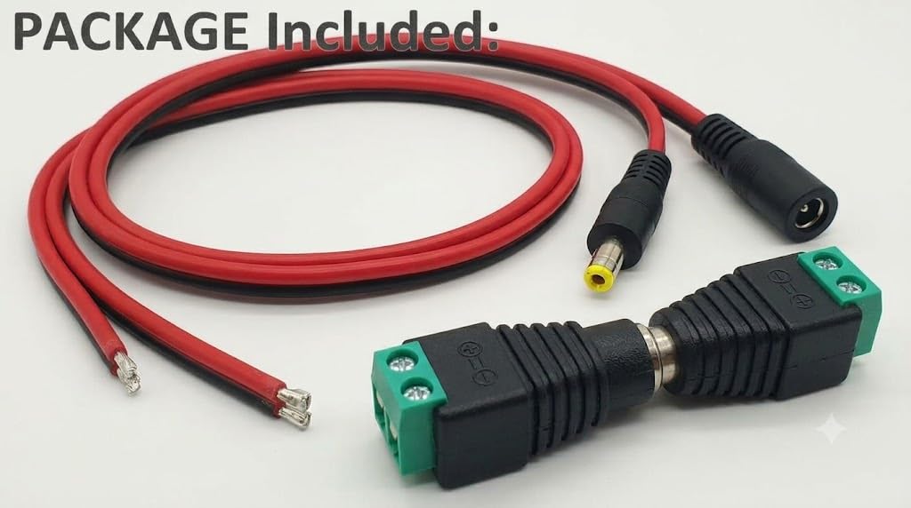 1 paire de câbles d'alimentation 12 V 5 A CC (18 AWG) - 2,1 mm x 5,5 mm - Connecteurs mâles et femelles CC pour caméra de sécurité CCTV et adaptateur d'alimentation 12 V (1 mâle + 1 femelle)