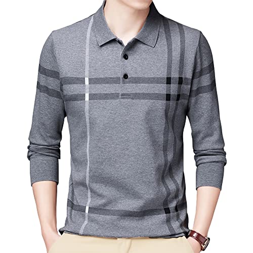 Mens Casual Striped Cotton Long Sleeve Collared T Shirt Polo Shirts