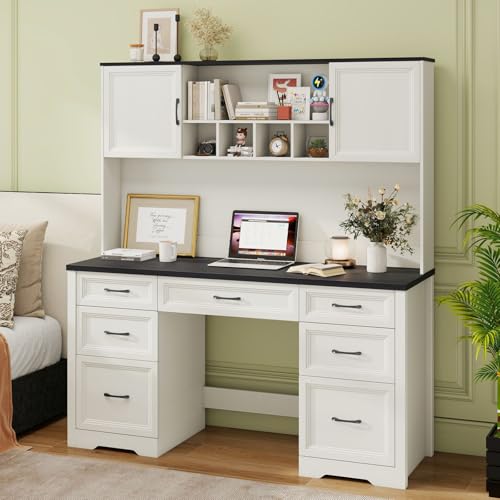 Image of Vabches Farmhouse Executive Desk with 7 Drawers and Storage Cabinet, Rustic Large Home Writing Desk with Hutch, Workstation for Bedroom, Black