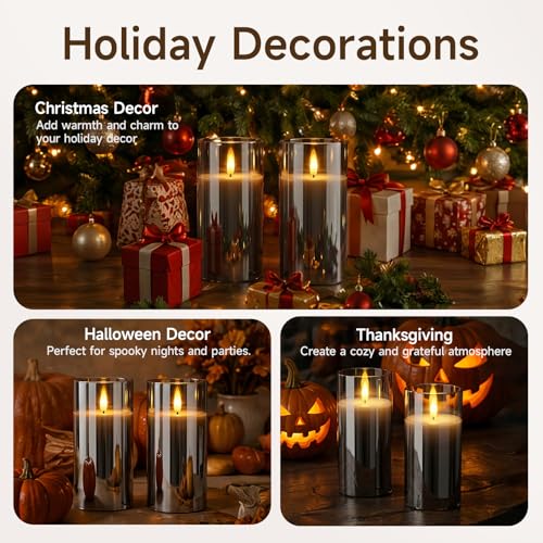 Image of Homemory Grey Glass Flameless Candles Battery Operated LED Pillar Candles with Remote and Timer, Real Wax Flickering Candles with 3D Wick for Home Wedding Holiday Decor, Set of 2, 3 inchx6 inch
