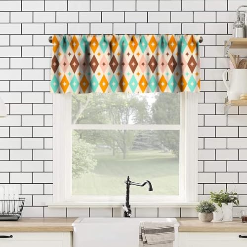 Image of Mid Century Modern Window Valance Curtain, Vintage Retro Stars Abstract Boomerang Pattern Window Valances Treatments for Kitchen Living Room Cafe Decor 54'x18', 1 Panel