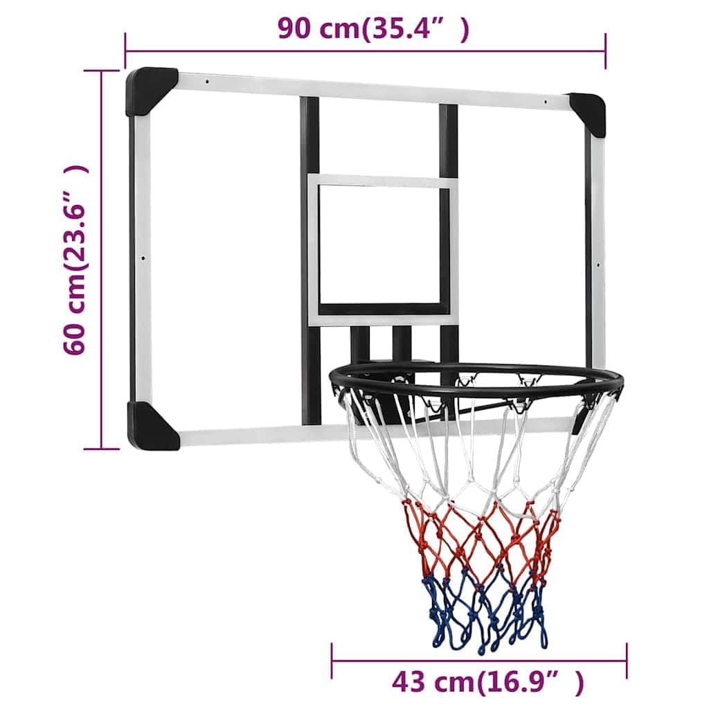 Canasta de baloncesto transparente de policarbonato 90 x 60 x 2, con anillo de acero y red de nailon, resistente a la intemperie, para montaje en pared, uso exterior e interior