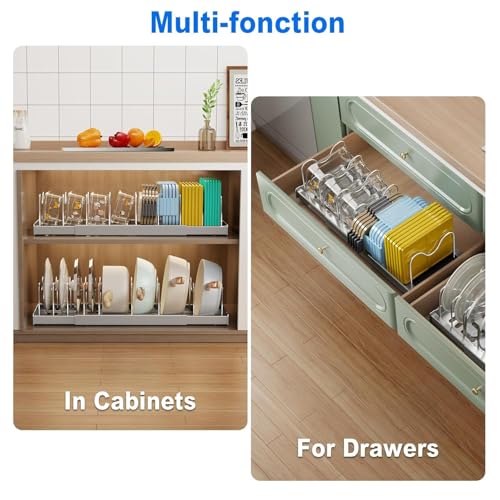 Image of Pan Organizer Rack for Kitchen Pot Holder Expandable Utensils Organiser with 9 Adjustable Dividers Pot and Pan Holder Racks for Cabinet Countertop Gray