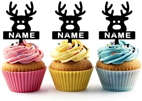 TA0972 Cute Reindeer Xmas Silhouette Party Wedding Birthday Acrylic Cupcake Toppers Decor 10 pcs with Personalized Your Name