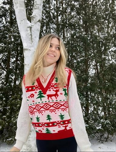Image of JULYCLO Christmas Sweater Vest Women Ugly Xmas Reindeer Knit Sweaters Casual Santa Snowflake V Neck Sleeveless Outwear Tops