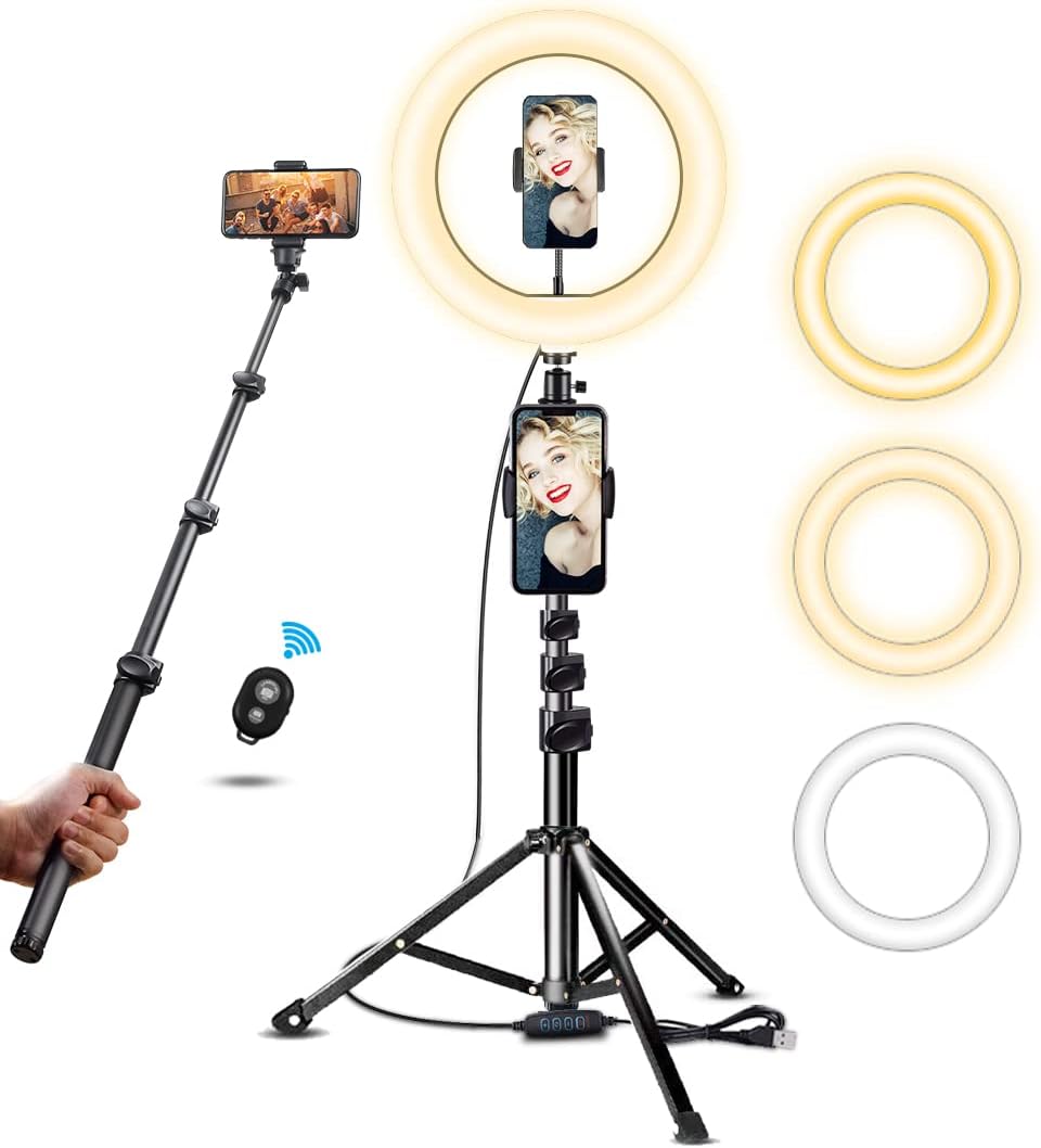 10'' Selfie Ring Light with Tripod Stand & Cell Phone Holder for Live Streaming/Makeup - Dimmable Led Camera Beauty Ringlight for YouTube Video Recording Compatible for iPhone Android (Yellow)