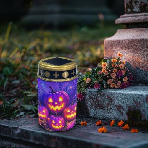 Image of Poceacles Halloween Solar Candle Cemetery Solar Lights for Grave LED Garden Flameless Powered Pathway Lights Outdoor Waterproof with Dusk to Dawn Sensor, Pumpkin Violet, Set of 2