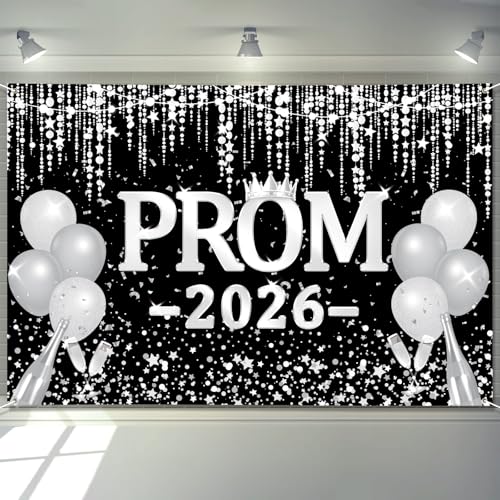 Arosche Prom Decorations 2026 Banner 72 x 48 Backdrop Graduation Prom Party Supplies Black and Silver Photography Congrats Grad Decor Background for Indoor Outdoor Garden Yard Party Home Decor
