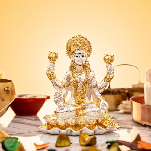 Image of Idolkart Pure Gold and Silver Coated Lakshmi Devi Idol - Beautiful and Detailed Laxmi Murti Ideal for Pooja - Divine Laxmi Idol Symbolizing Prosperity and Wealth - Sitting Lakshmi Devi Idol (3 inch)