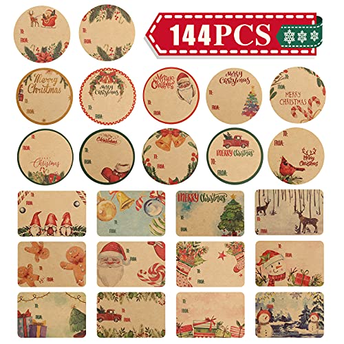 Giiffu Étiquettes autocollantes pour cadeaux de Noël (144 étiquettes, 24 modèles) - Étiquettes autocollantes pour cadeaux de Noël - Étiquettes décoratives - Couleur kraft Cover