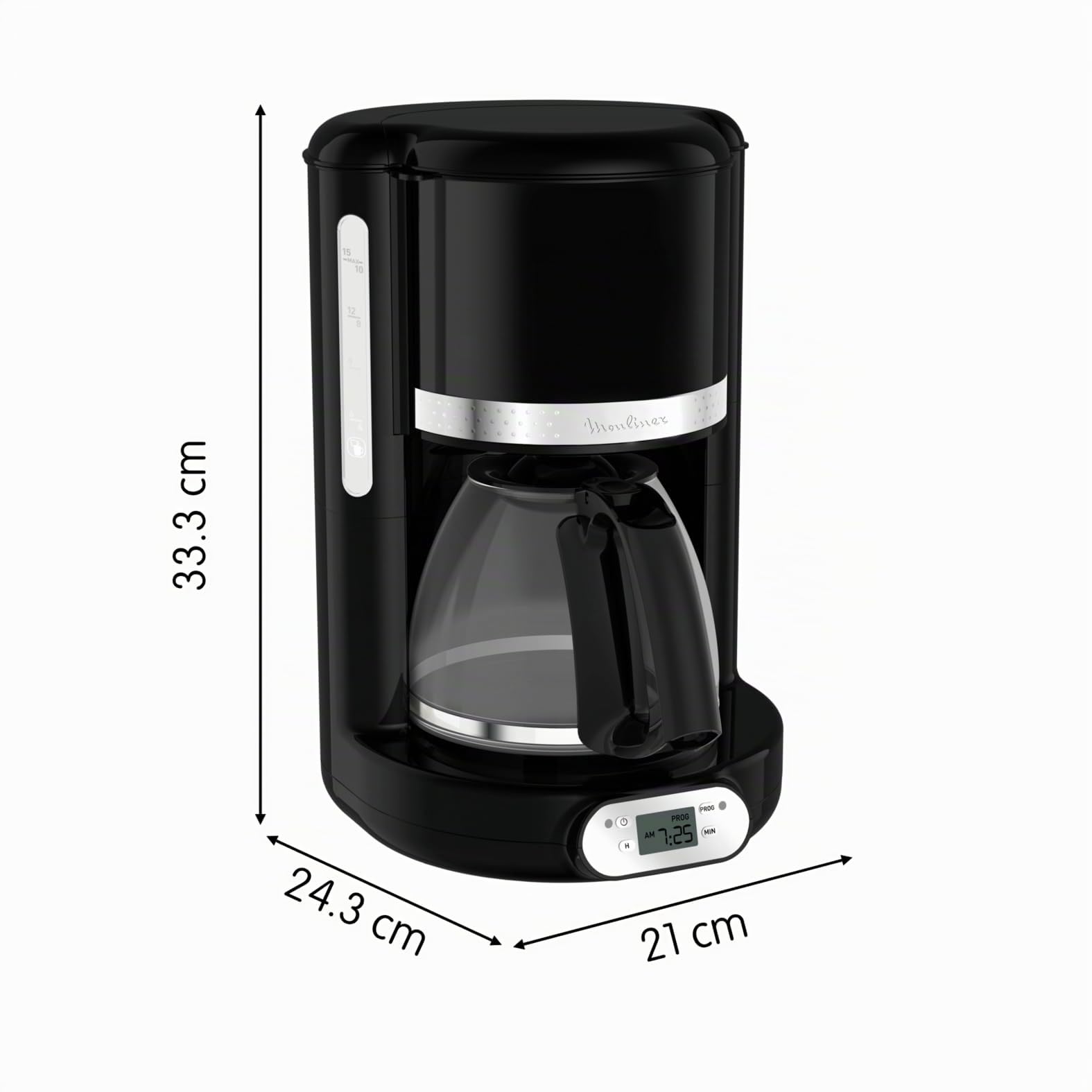 Moulinex Soleil – Cafetera filtro, capacidad de 1,25 L, hasta 15 tazas, control nivel del agua, temporizador programable, función mantener caliente, jarra cristal, color negro, FG380B