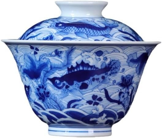 Tea Cup Hand-Painted Blue and White Porcelain Fish and Algae Pattern Covered Bowl Set Antique Ceramic Personal Kung Fu Soaking Container