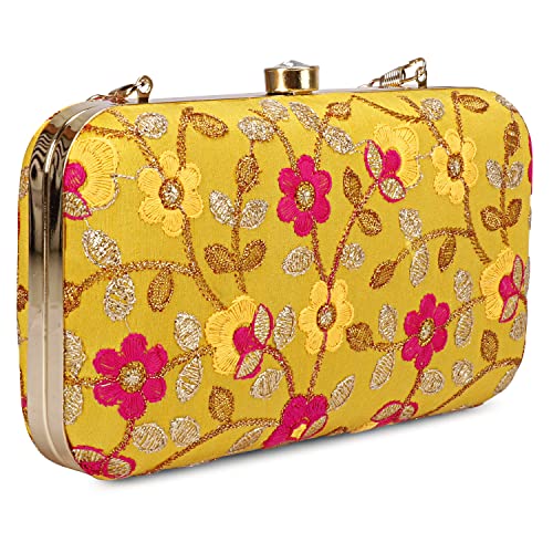 LONGING TO BUY Bolsa clutch de designer feita à mão - Bordado Zari para mulheres, Amarelo multi, Small