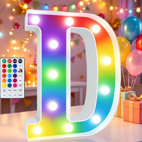 Image of LED Marquee Letter Lights, 18 Colors Changing Light Up Letters with Remote, RGB Alphabet Letters Sign for Girls Boys Gift Birthday Party Night Light Bedroom Wedding Christmas Decor-Colorful D