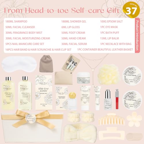 Image of 37Pcs Spa Gifts, WHITE ROSE JASMINE Bath & Body Gift Basket, Face Skin Kit | Home Spa Gift Set for Women, Self-Care Kit, Beauty Care Kit, Spa Bath Kit with Necklace, Birthday, Christmas, Anniversary