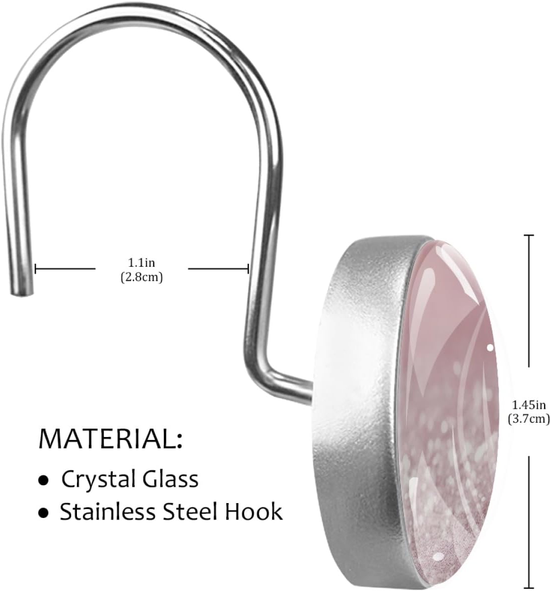 Pink Glitter Backdrop Decorative Shower Curtain Hooks, 12Pcs Glass Surface Rust Resistant Shower Curtain Rings, Stainless Steel Round Curtain Rods Hooks for Bathroom, Kitchen, Bedroom