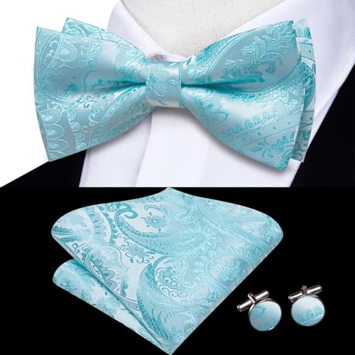 Image of Hi-Tie Bow Tie Men Pre Tied Bowtie Pocket Square Cufflinks Lapel Pin Formal Wedding Bow Ties for Men Party Tuxedo Bowtie Set,Light Blue Paisley Floral
