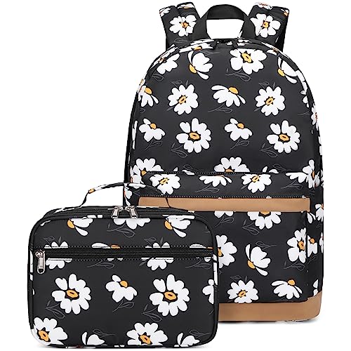 Joyfulife Daisy Printed Girls Backpack with Lunch Box Kids Backpack for School Lightweight Water Resistant Bookbags Set