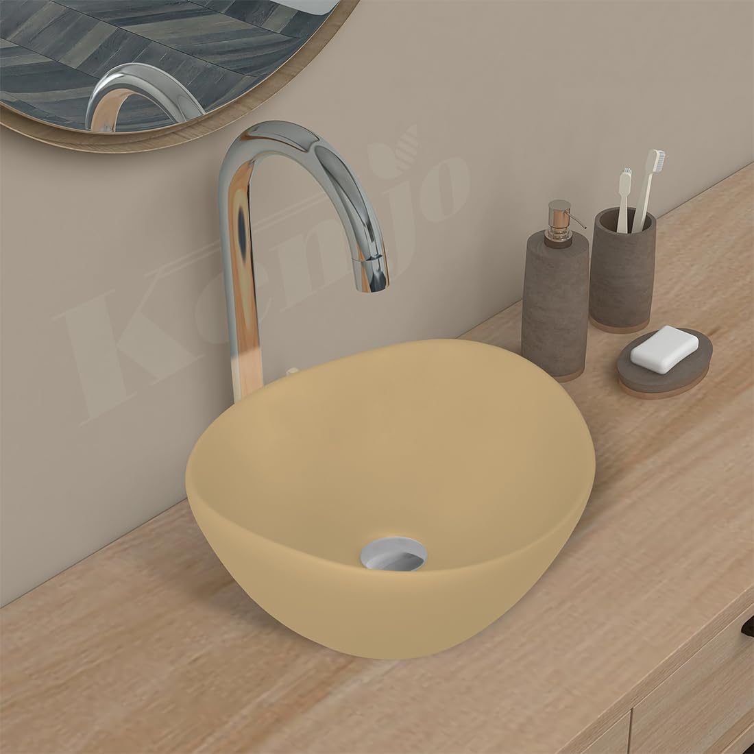 Kemjo Designer Table Top Wash Basin for Bathroom | Counter Top Wash Basin/Sink for Living Room (16.3 x 13.8 x 6.5 Inch, Ship (Woddy Matt)) 4