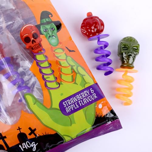 Becky’s Jumpy Pops Halloween Lollies 140g – Süße Totenkopf und Hexenkopf Lutscher mit Spiralfeder zum auf die Finger stecken – Party Mitgebsel, Trick or Treat, Kindergeburtstag & Deko Süßigkeiten