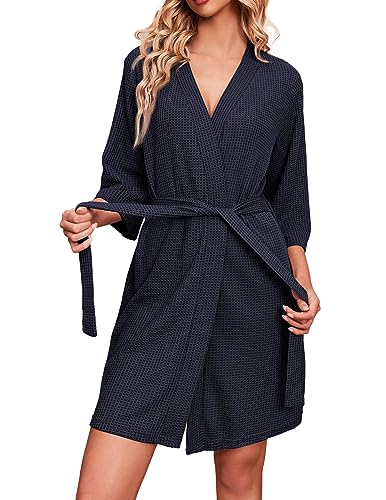 Ekouaer Morgenmantel Damen Kimono Hochzeit Dressing Gown Elegant Bademäntel Frau Negligee Sommer Große Größe Marineblau XXL